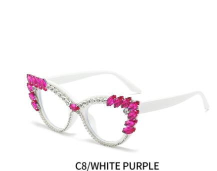 Cat-eye diamond-encrusted anti-blue light flat glasses