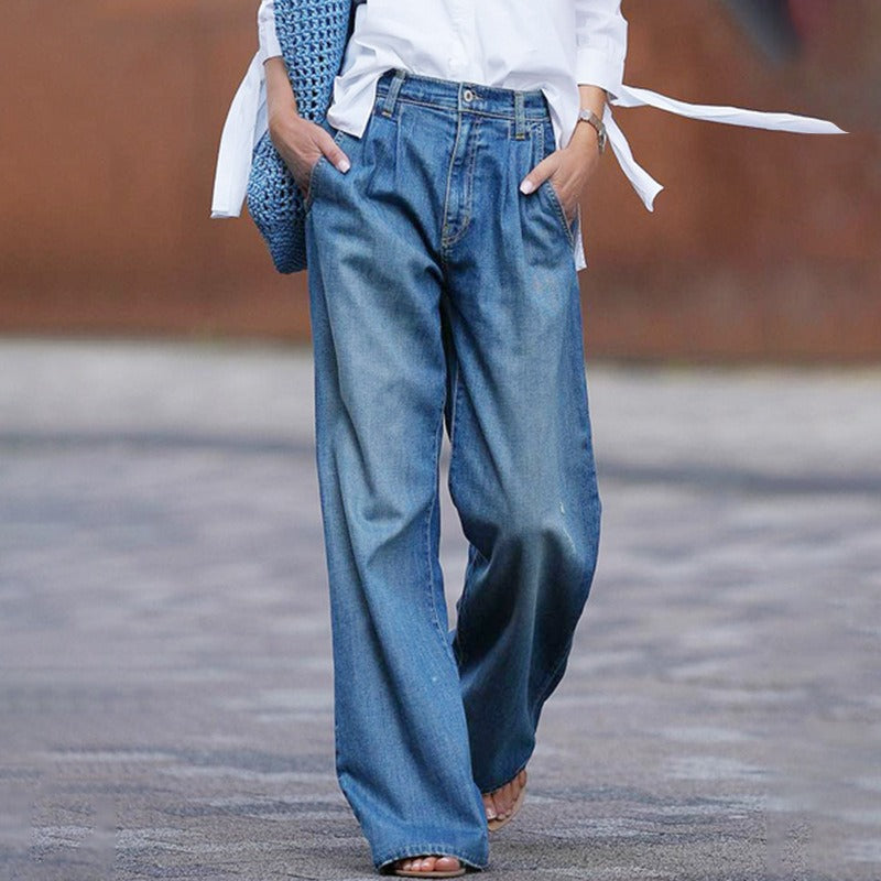 Retro jeans, women's new high waisted slimming wide leg pants, loose floor mop pants, denim pants