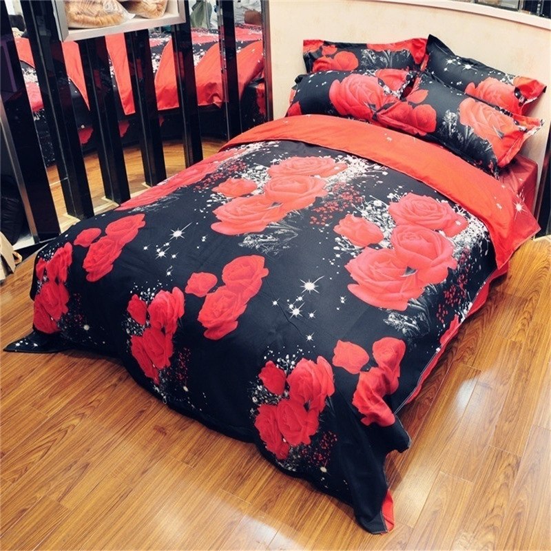 2/3Pcs Red Dream 3D Oil Painting Rose Printed Bedding Set Queen King Size Quilt Cover Bed Sheet Pillowcases