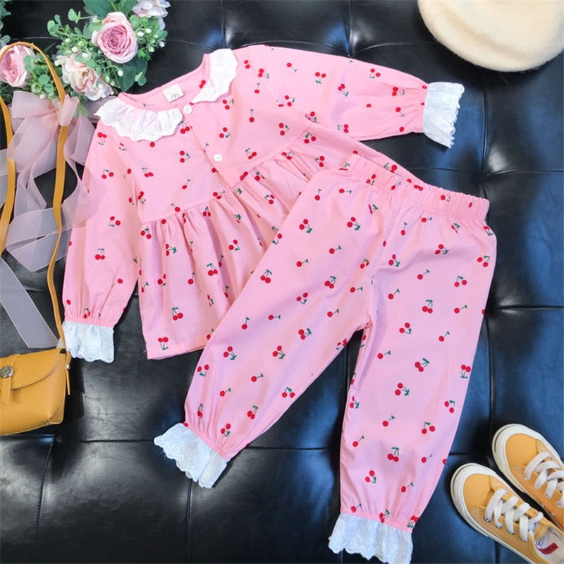 Kids Girls Summer Pajamas Children Sleepwear Baby Pajamas Sets Girls Flower Lace Cotton Nightwear Clothes Kids Clothing 2-7Y