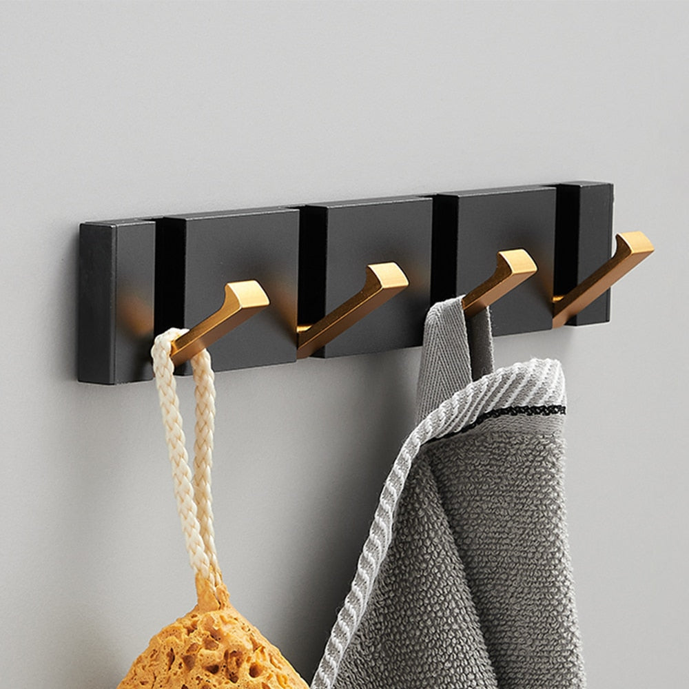 Folding Towel Hanger 2ways Installation Wall Hooks Coat Clothes Holder for Bathroom Kitchen Bedroom Hallway, Black Gold