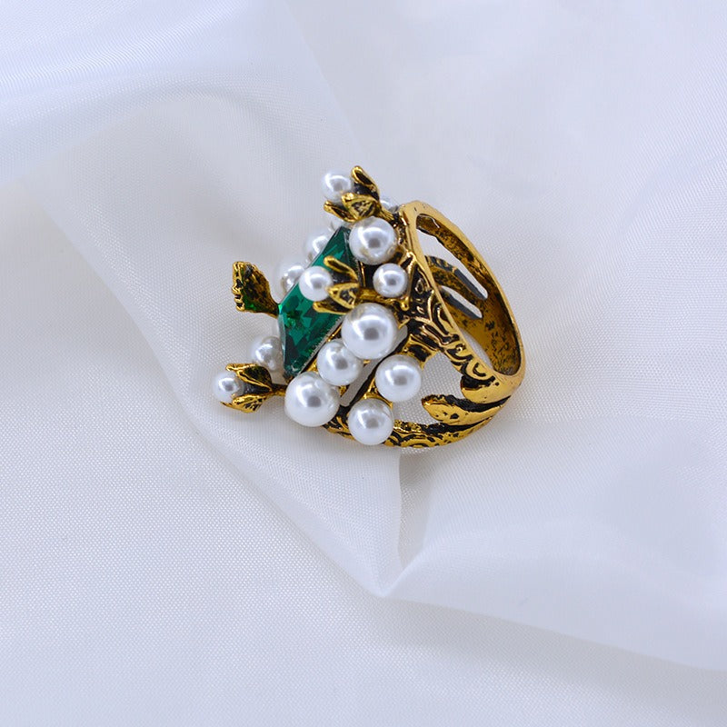 Emerald Gemstone Ring Pearl Ring Personalized Elegant Wide Face Ring