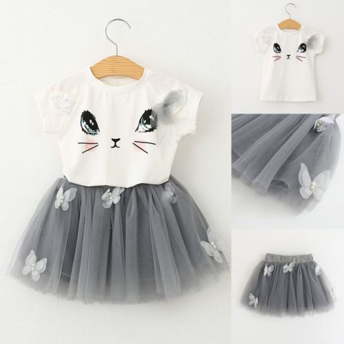 Kids Baby Girls Outfits Clothes Cat Print Short SleeveT-shirt Tops Tutu Dress 2Pcs Set 2-7Y