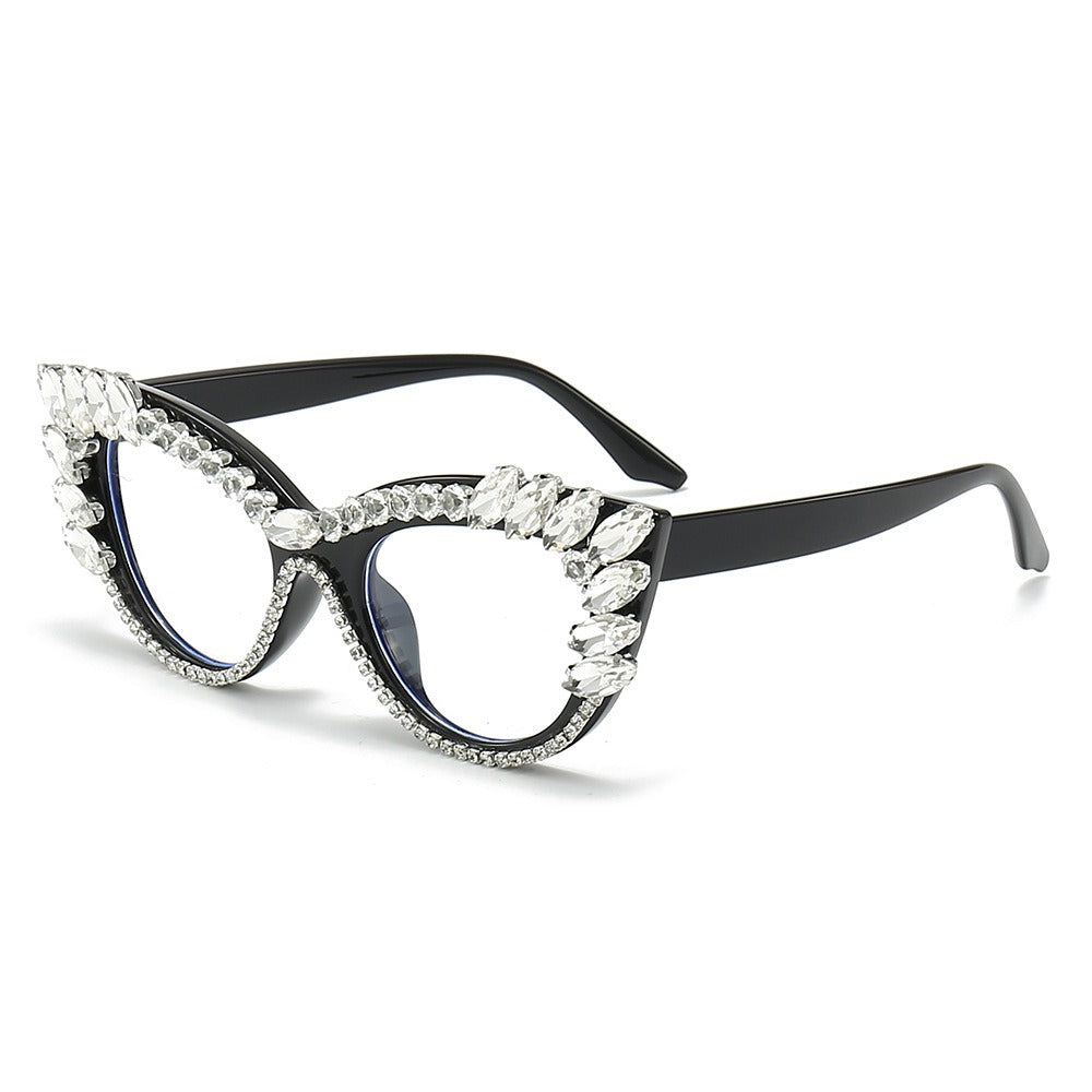 Cat-eye diamond-encrusted anti-blue light flat glasses