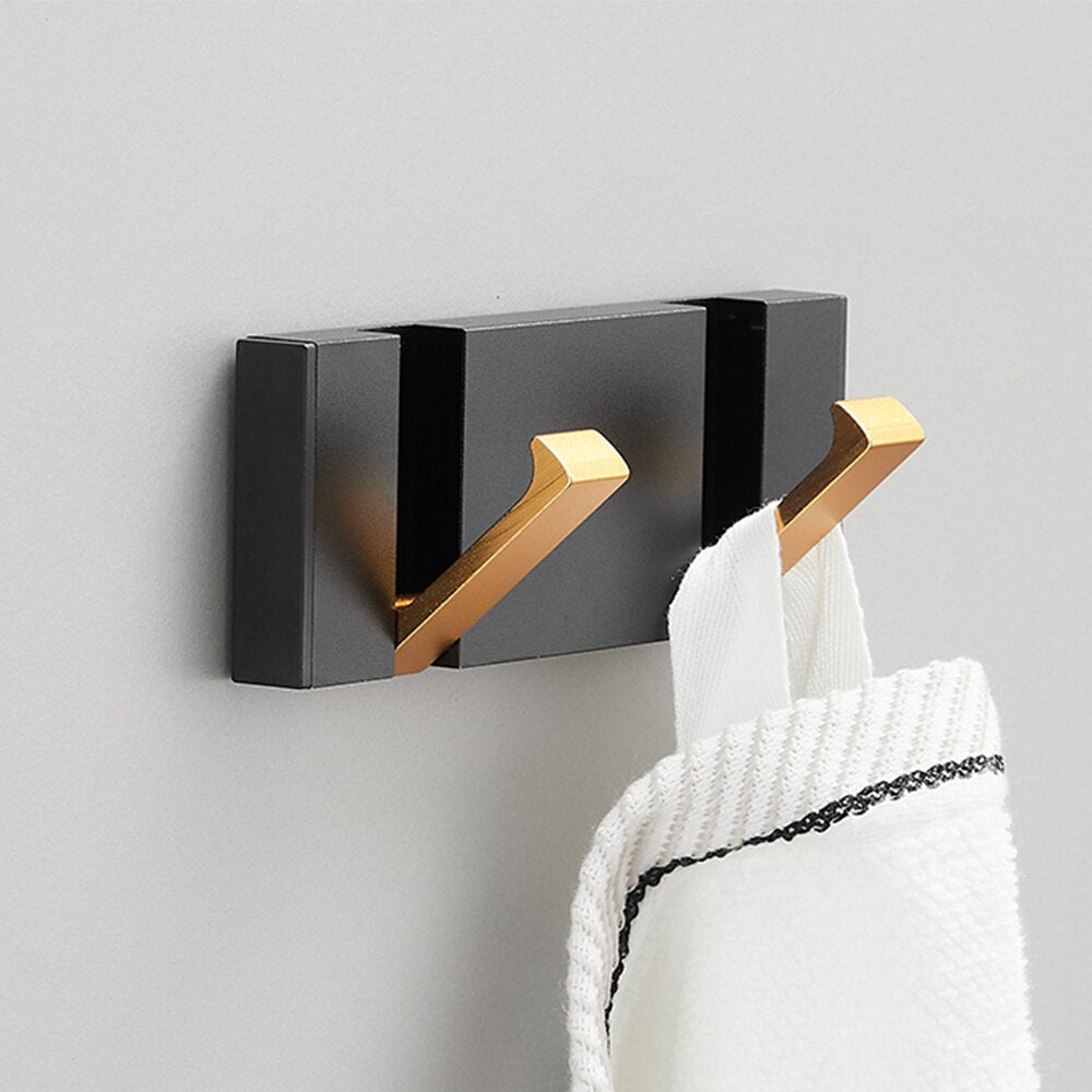 Folding Towel Hanger 2ways Installation Wall Hooks Coat Clothes Holder for Bathroom Kitchen Bedroom Hallway, Black Gold