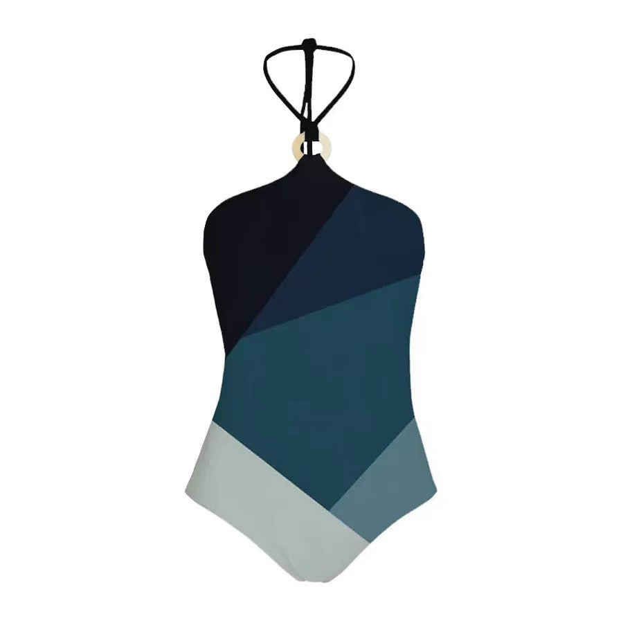 Halterneck color block backless one piece swimsuit