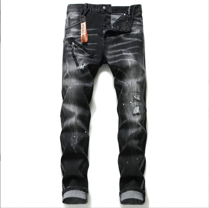 Black and gray paint with torn holes wild zipper decoration personalized new jeans for men