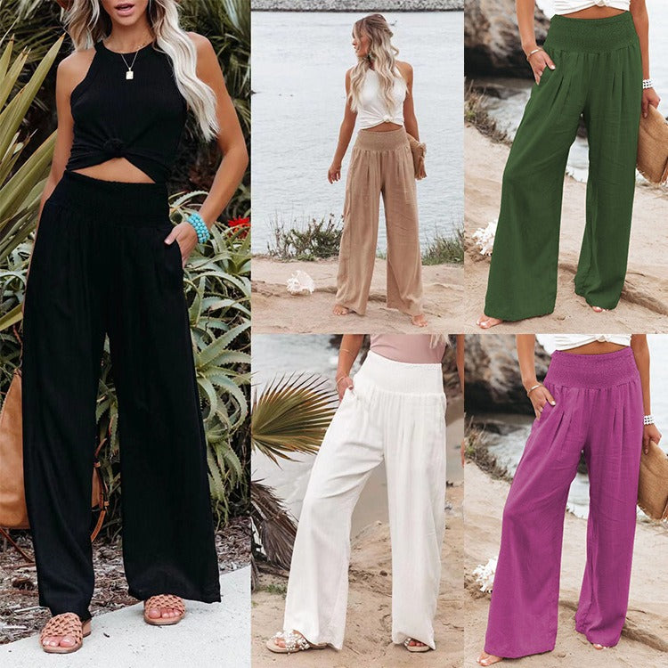 Leisure wide leg cotton linen loose pants for women