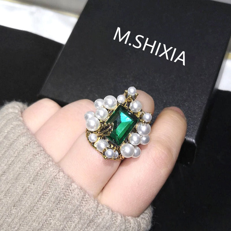 Emerald Gemstone Ring Pearl Ring Personalized Elegant Wide Face Ring