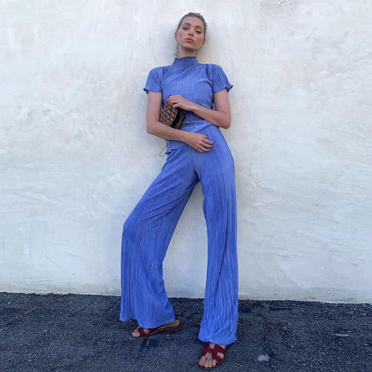 High waisted blue pleated mop pants casual women's fashion set