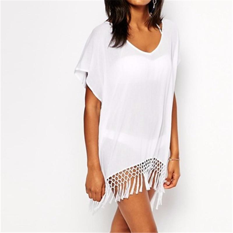 Beach Cover Up White Chiffon Tassel Swimwear Ladies Walk On The Beach Sexy Beach Cover Up Praia Beach Wear Q10