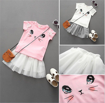 Kids Baby Girls Outfits Clothes Cat Print Short SleeveT-shirt Tops Tutu Dress 2Pcs Set 2-7Y