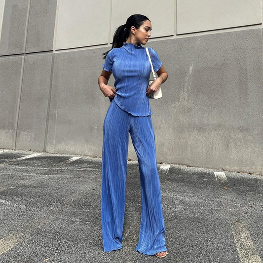 High waisted blue pleated mop pants casual women's fashion set