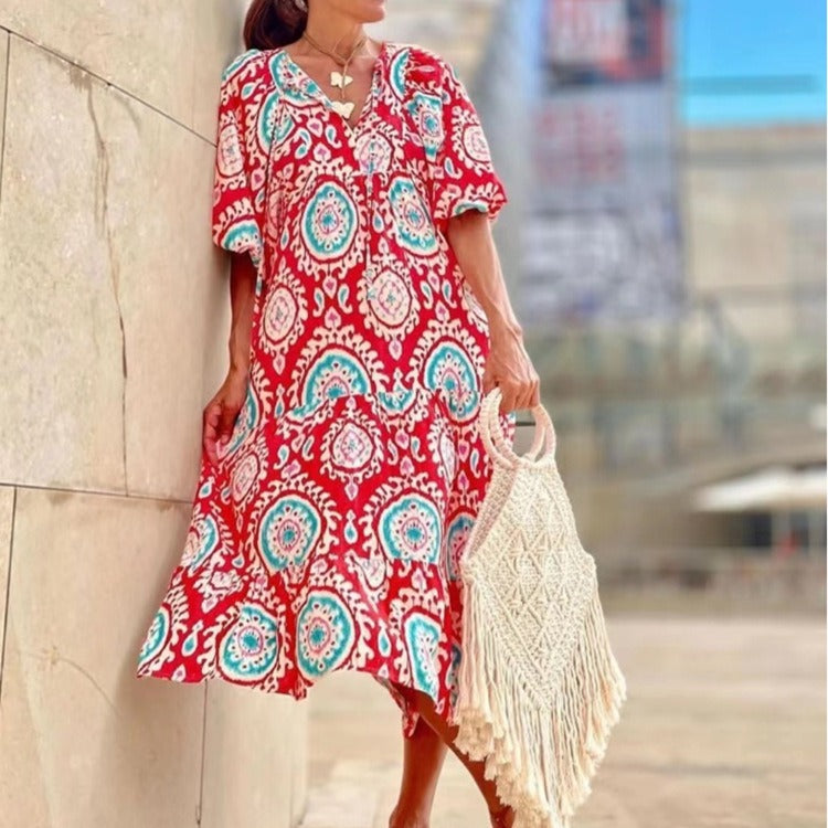 Geometric printed bubble sleeve dress