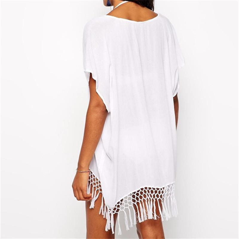 Beach Cover Up White Chiffon Tassel Swimwear Ladies Walk On The Beach Sexy Beach Cover Up Praia Beach Wear Q10