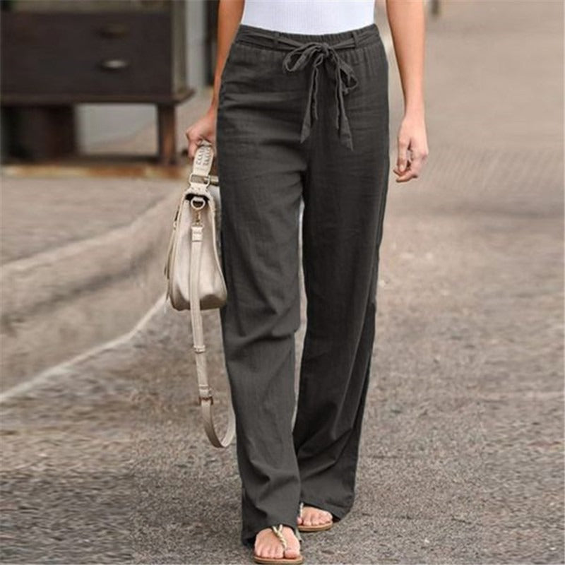 Summer Elastic Waist Solid Cotton Hemp Wide Leg Pants for Women