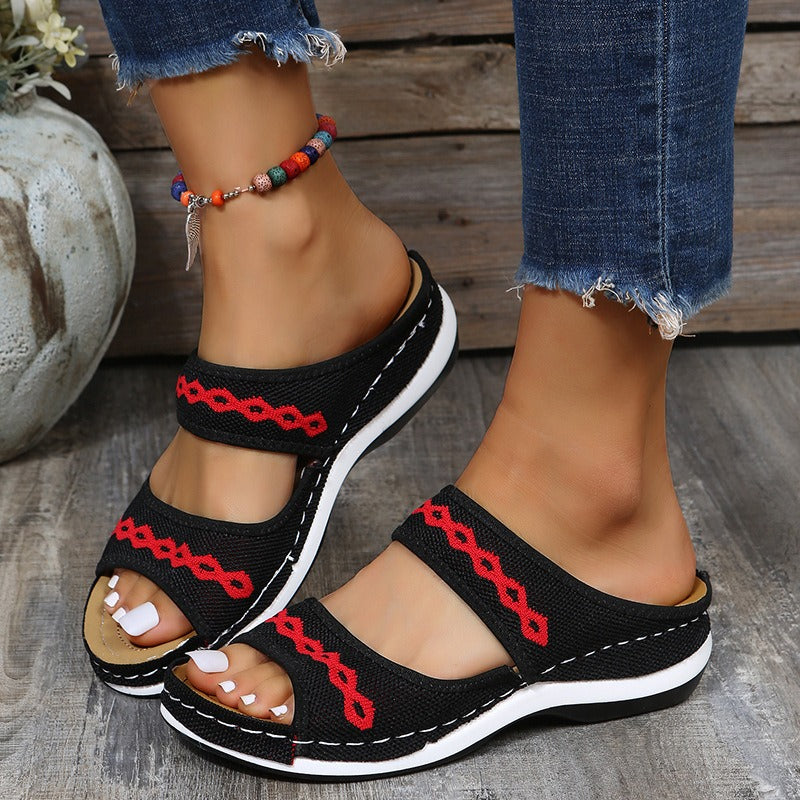 Size women's flying woven sandals with thick soles, low cut sandals, sloping heels, exposed toes, vintage sandals