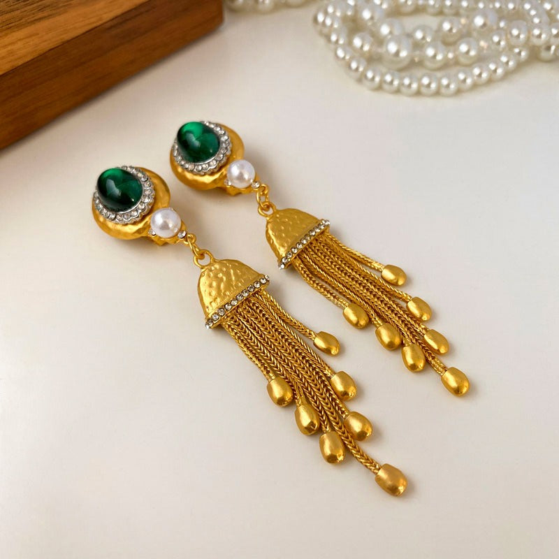 Diamond Round Pearl Tassel Earrings