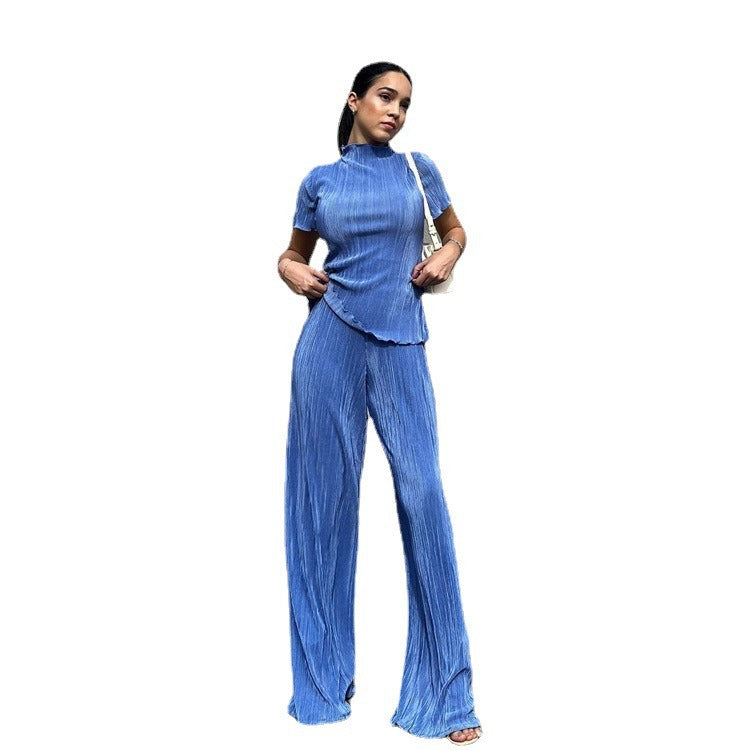 High waisted blue pleated mop pants casual women's fashion set