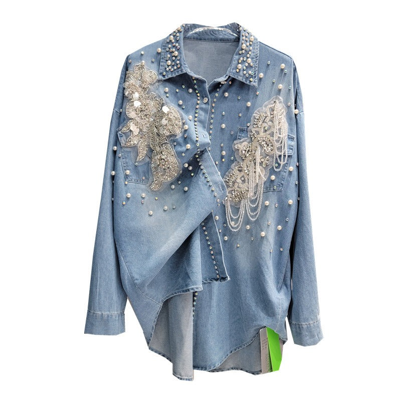 Floral Denim Shirt Women's Loose Slim Mid-Length Lapel Single-breasted Beaded Cardigan