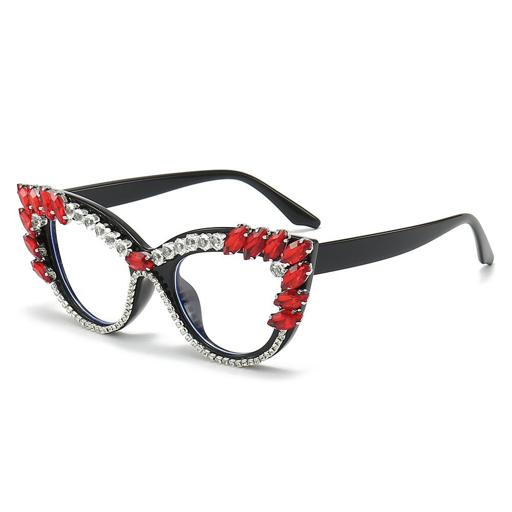 Cat-eye diamond-encrusted anti-blue light flat glasses