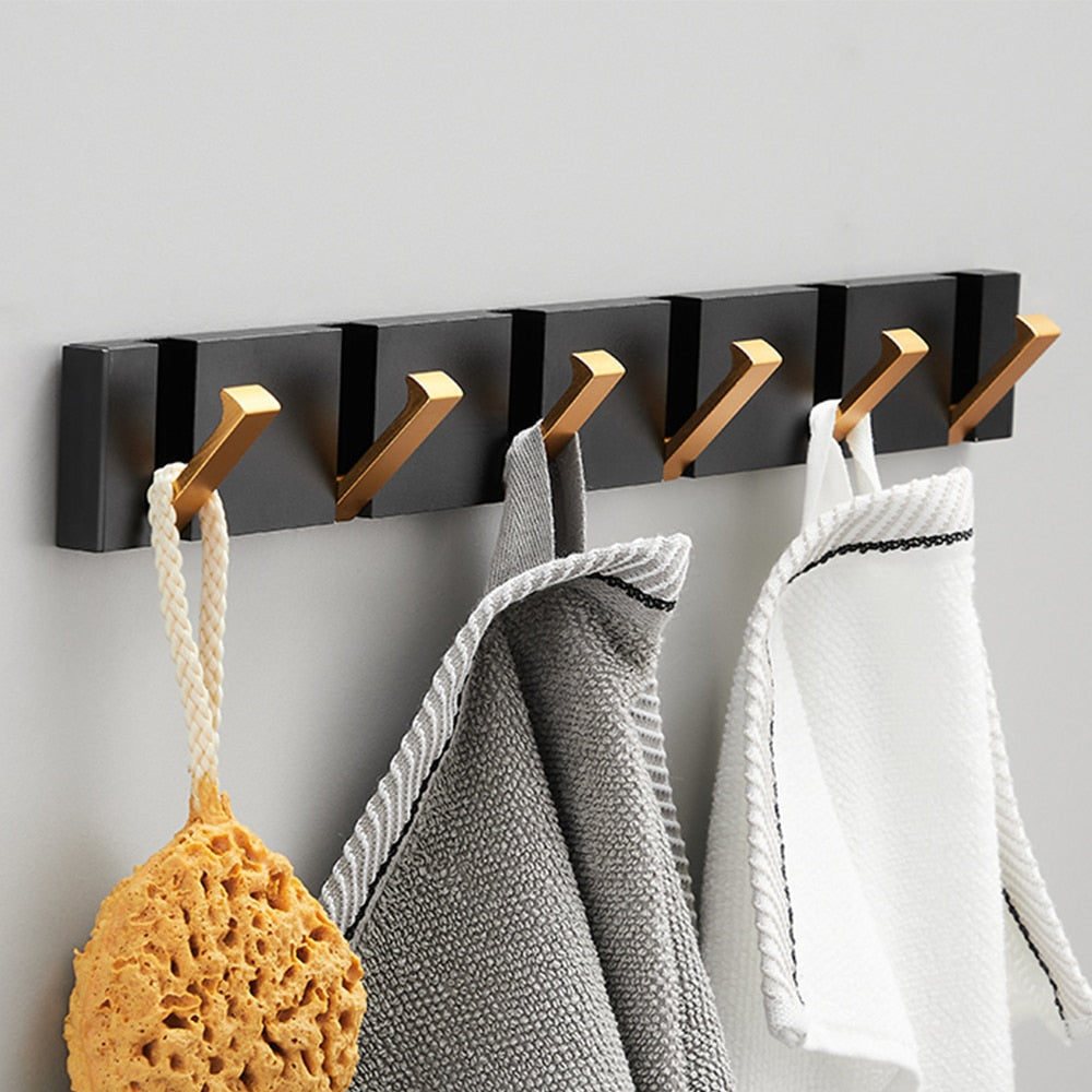 Folding Towel Hanger 2ways Installation Wall Hooks Coat Clothes Holder for Bathroom Kitchen Bedroom Hallway, Black Gold