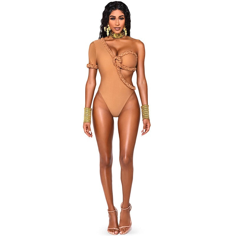 Solid color handmade woven rope jumpsuit for women's beach vacation swimwear