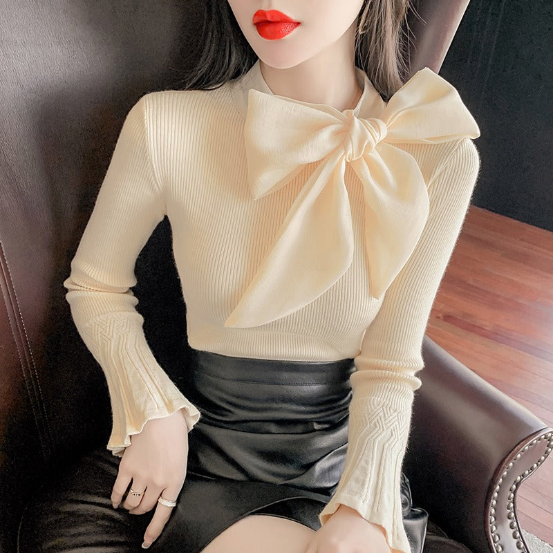 Socialite small fragrant style lace-up large bow decorated sweater for women with intellectual temperament and elegant bell-slee