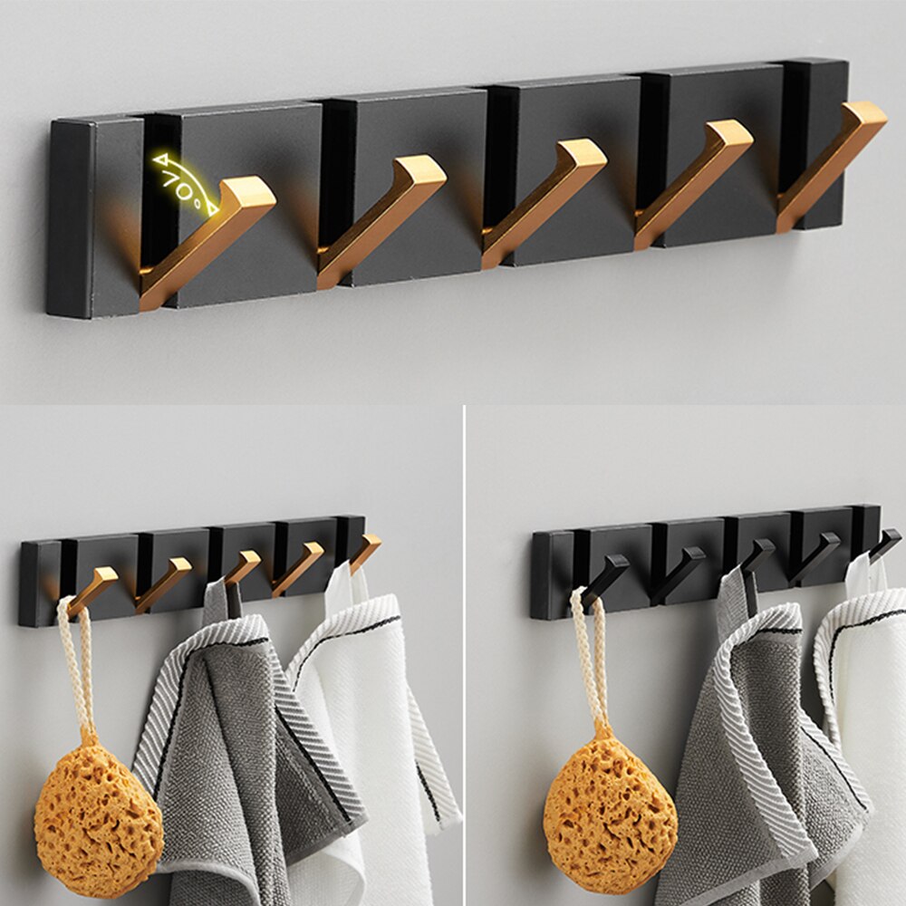 Folding Towel Hanger 2ways Installation Wall Hooks Coat Clothes Holder for Bathroom Kitchen Bedroom Hallway, Black Gold