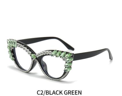 Cat-eye diamond-encrusted anti-blue light flat glasses