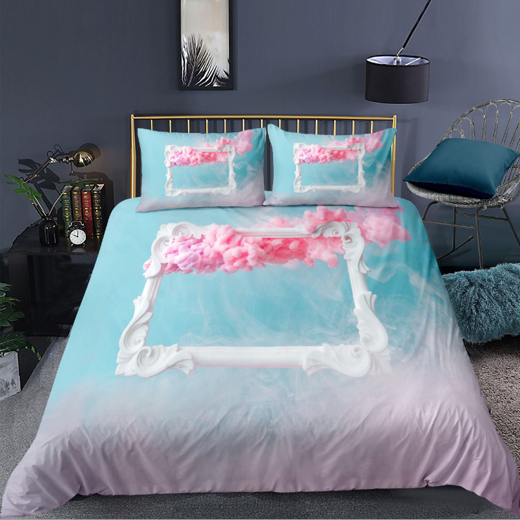 3D pink girl heart white cloud digital printing bedding three piece set