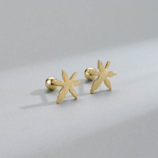 S925 sterling silver brushed matte maple leaf screw pin earrings