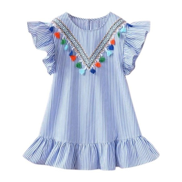 Summer Girls Tassel Flying Sleeve Dresses Stripe Cotton Cute Kids Party Dresses for Kids girls Princess Dress Tops Clothes