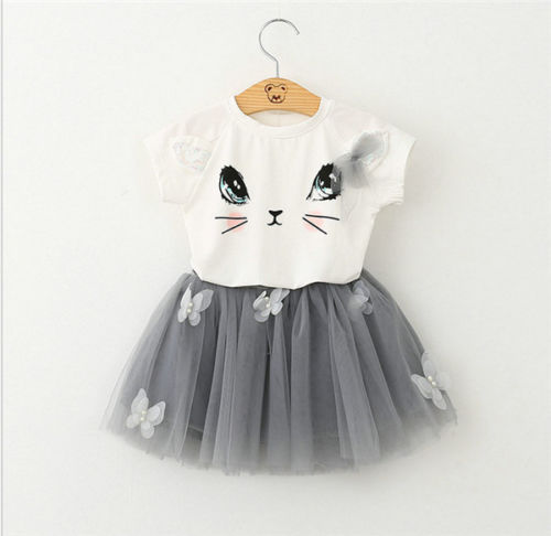 Kids Baby Girls Outfits Clothes Cat Print Short SleeveT-shirt Tops Tutu Dress 2Pcs Set 2-7Y