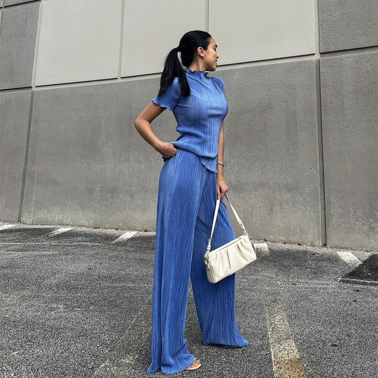 High waisted blue pleated mop pants casual women's fashion set