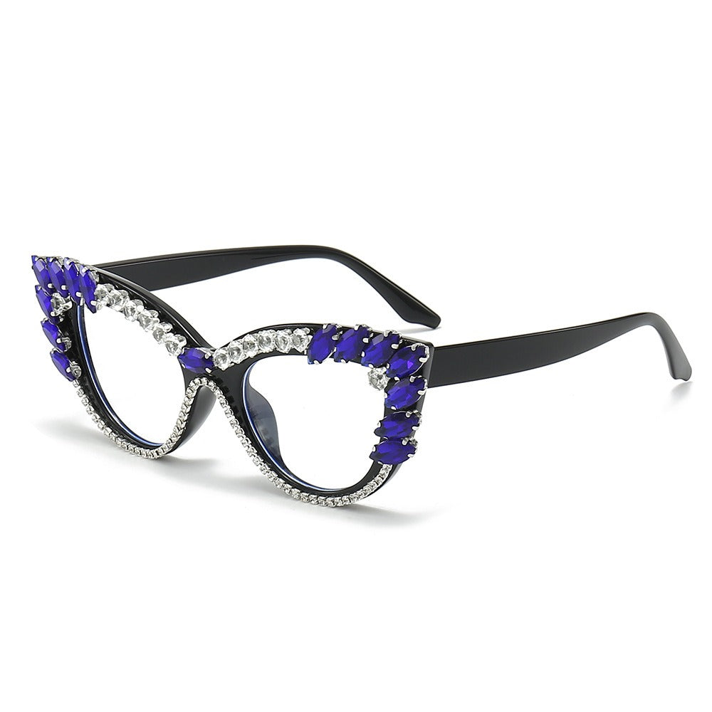 Cat-eye diamond-encrusted anti-blue light flat glasses