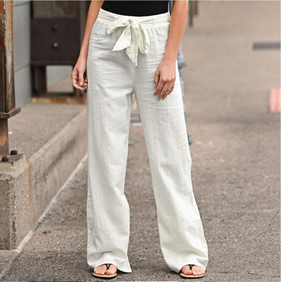 Summer Elastic Waist Solid Cotton Hemp Wide Leg Pants for Women