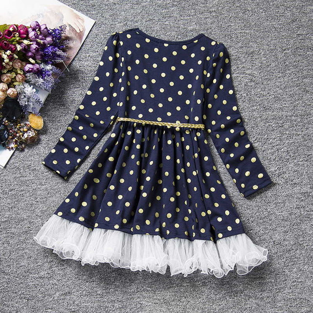 Dot Long Sleeve Dress For Girls Clothing Child Costume Baby Girl Clothing Teenager School Daily Wear Sashes Kids Casual Clothes