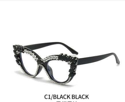 Cat-eye diamond-encrusted anti-blue light flat glasses