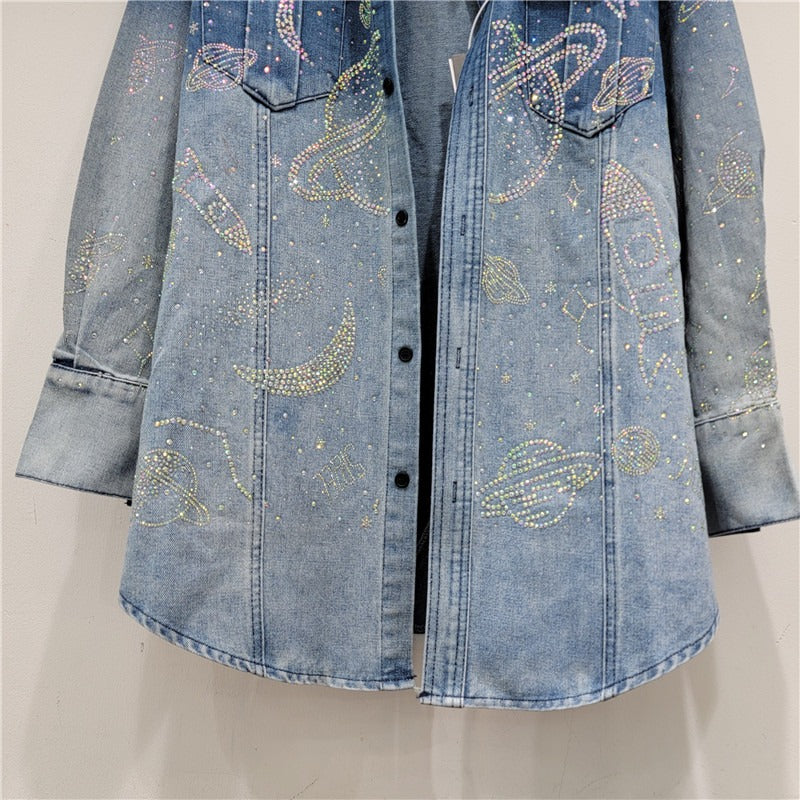 Hot Diamond Shirt Women's Starry Sky Sparkling Denim Jacket Cardigan Spring and Autumn Jacket Mid-Length Slim