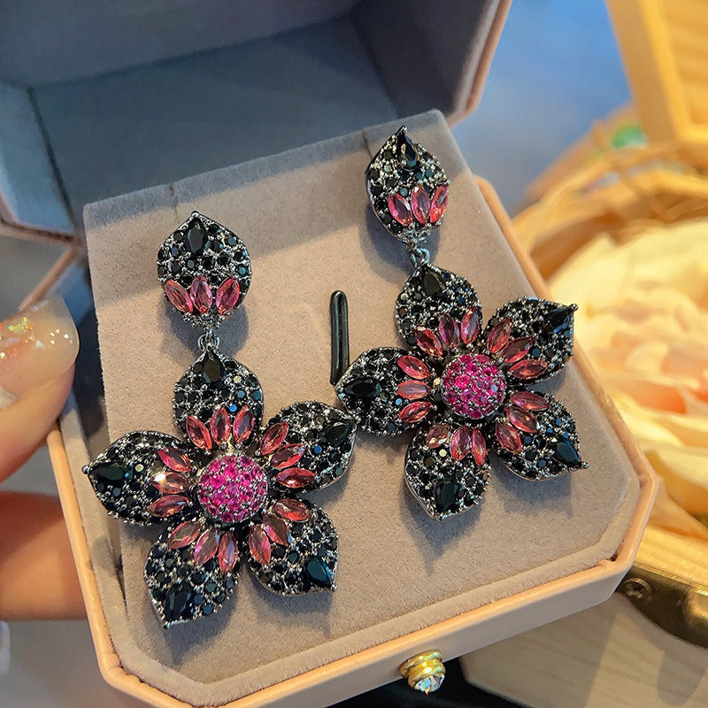 Colorful earrings full of zirconium flowers, European and American exaggerated temperament