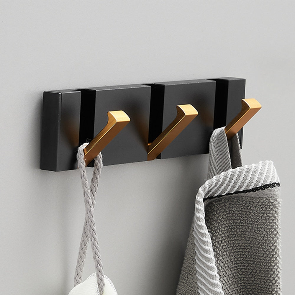 Folding Towel Hanger 2ways Installation Wall Hooks Coat Clothes Holder for Bathroom Kitchen Bedroom Hallway, Black Gold