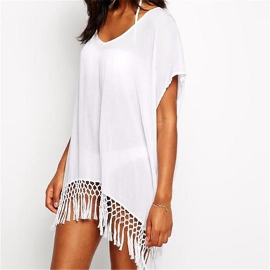 Beach Cover Up White Chiffon Tassel Swimwear Ladies Walk On The Beach Sexy Beach Cover Up Praia Beach Wear Q10