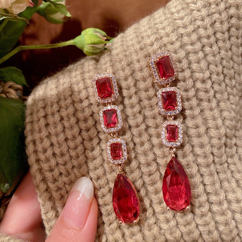 Ruby drop earrings wedding banquet light luxury drop-shaped inlaid crystal zircon noble temperament