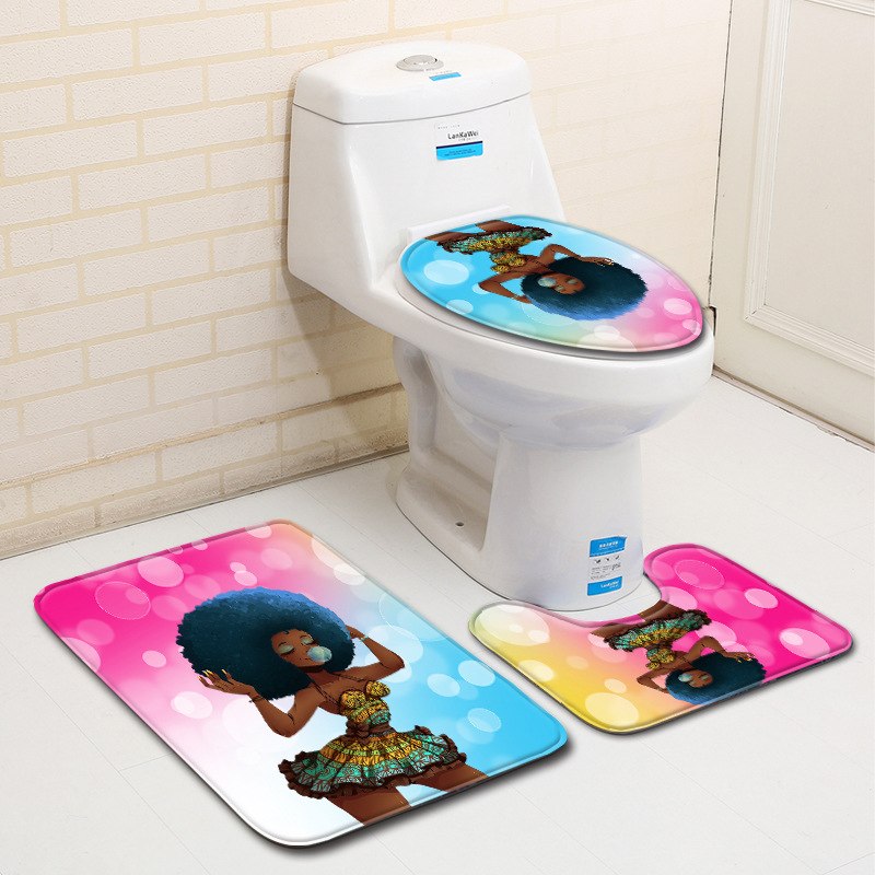 Bathroom Accession 3pcs/Set Star Girl Prited Bathroom Non-Slip Pedestal Rug + Lid Toilet Cover + Bath Mat