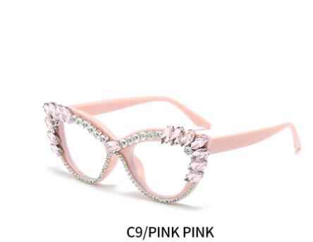 Cat-eye diamond-encrusted anti-blue light flat glasses