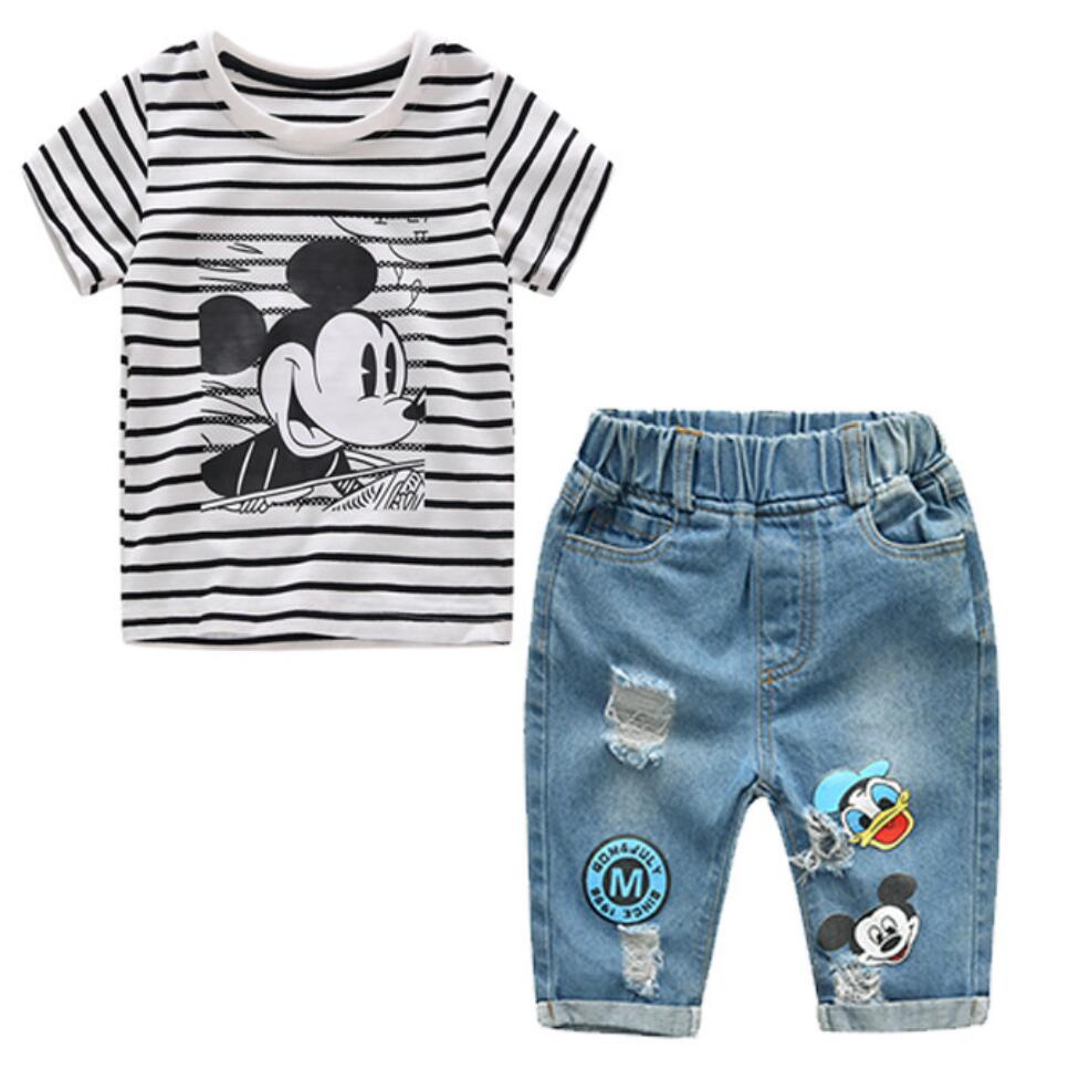 Infant Boys Girls Summer Cartoon Striped T Shirt + Denim Shorts Clothes 2pcs Sets Children Kids Hole Jeans Clothing