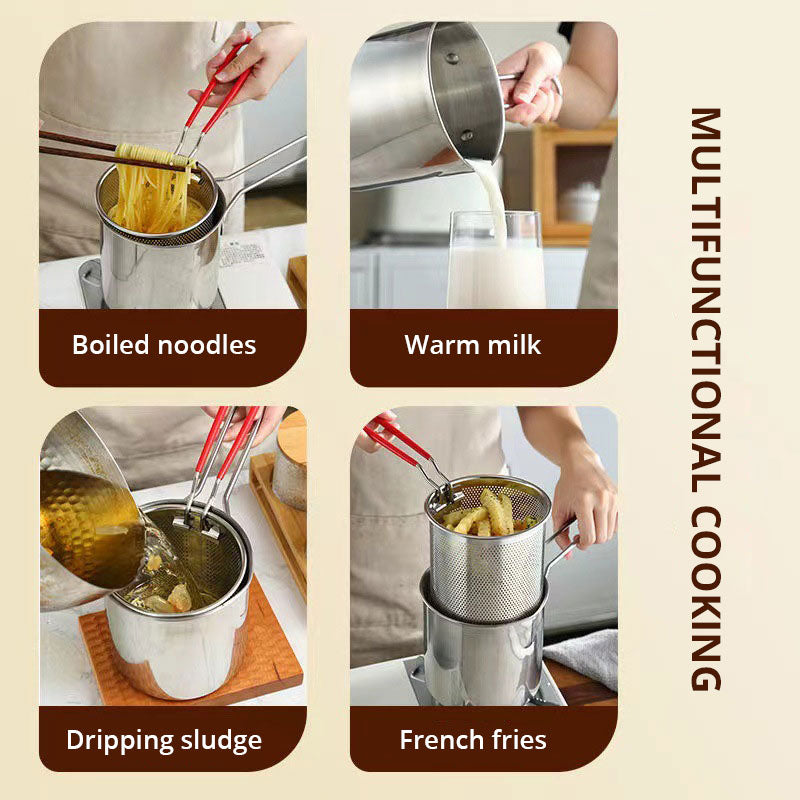 Oil Fryer, Household Deep Pot, Stainless Steel Gas Mini Pot, Japanese Style, with Filter Screen, Oil Saving Small Fryer