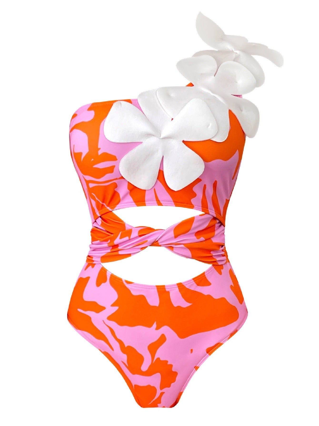 3D floral one piece swimsuit for women with hollow out single shoulder and high waist printed swimsuit