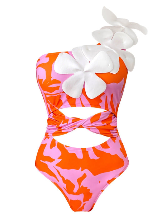 3D floral one piece swimsuit for women with hollow out single shoulder and high waist printed swimsuit